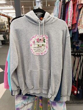 Upcycled Cat Kitty Floral Hooded Sweatshirt